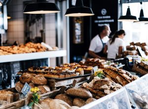 Display of Bread and Pastries at Bakery